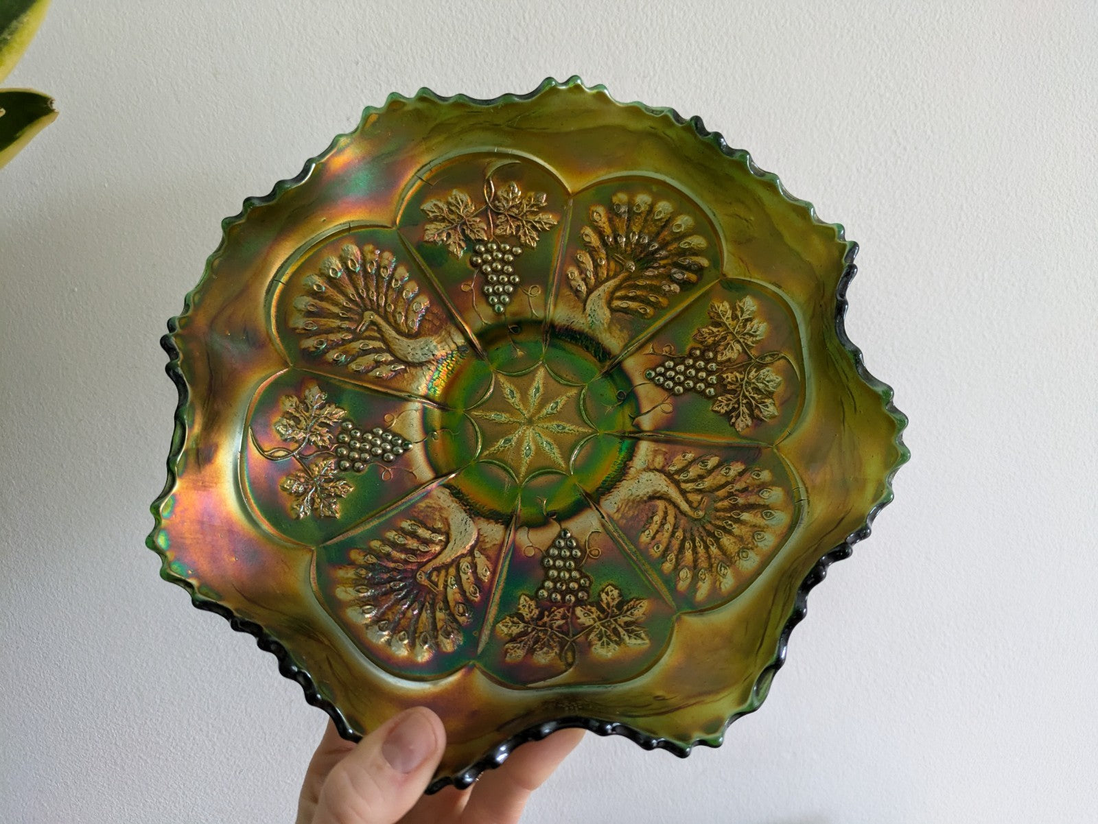 Fenton Peacock & Grape Green Iridescent Carnival Glass Ruffled Bowl Antique Rare