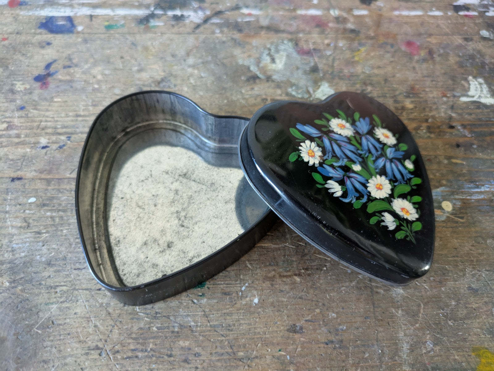 Adeline Ford Norfolk Hand-painted Floral Black Heart Shaped Tin Pot Trinket Box