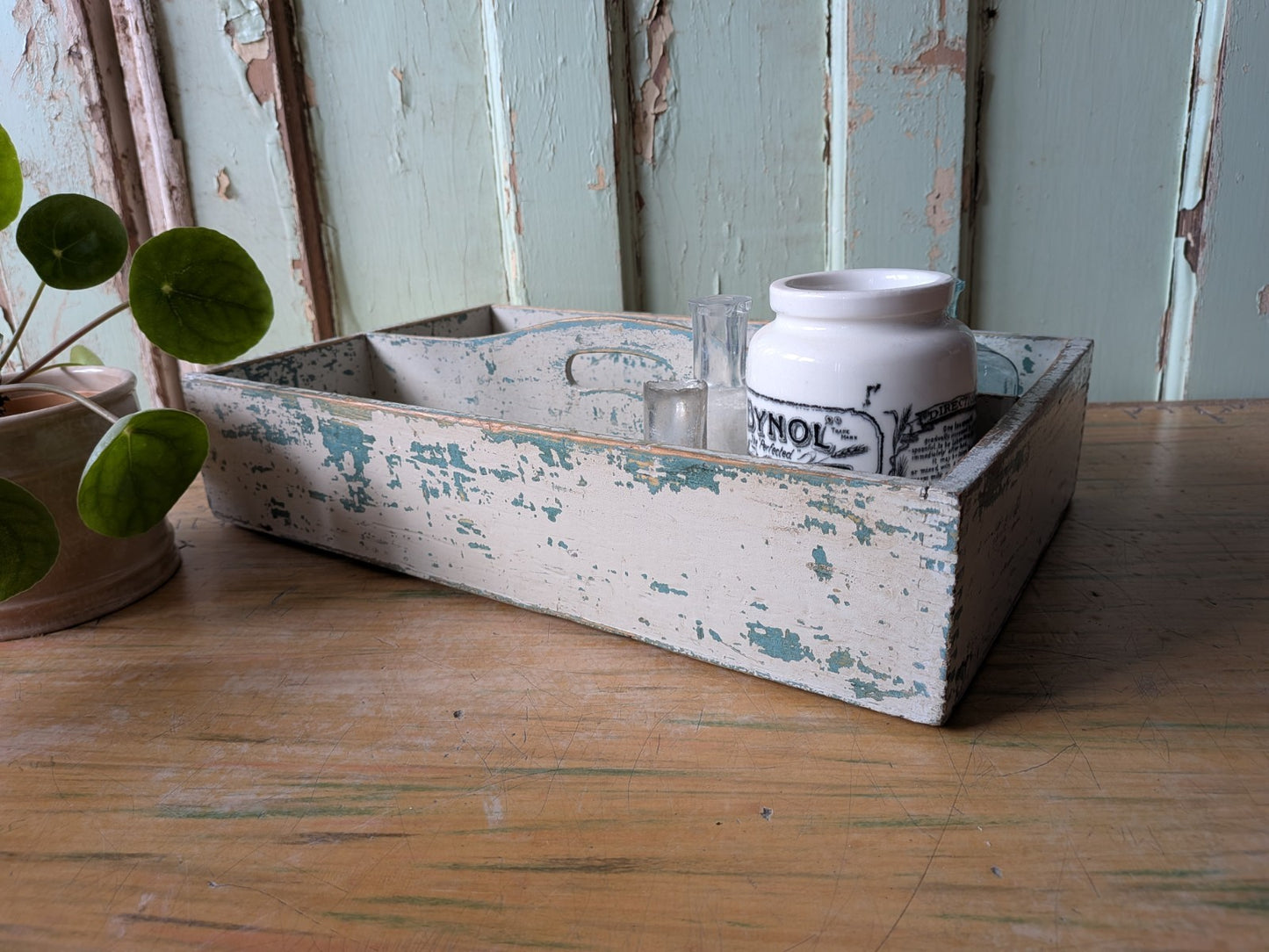 Vtg Distressed Paint Antique Wooden Cutlery Tray Box Kitchen Trug Sectional Prop