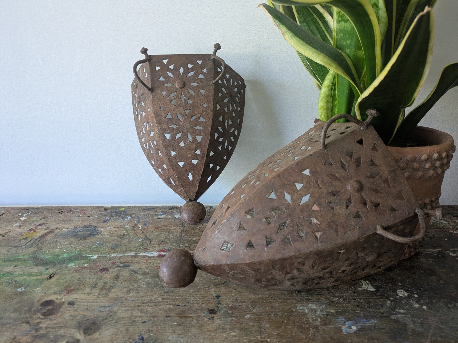 Pair Handmade Pierced Open Iron Moroccan Wall Sconces Lights Candles Lamp Decor