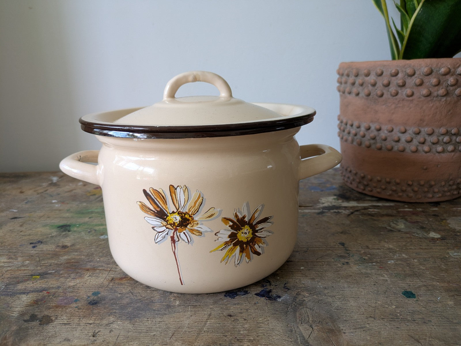 Floral Emalia Olkusz Polish Enamel Cooking Pot Daisy Vintage Retro 1907 Brown