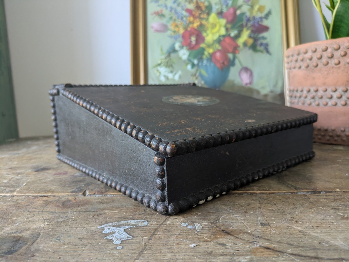 Antique Vintage Students Table Top Writing Slope Bobbin Small Box Stationary Old