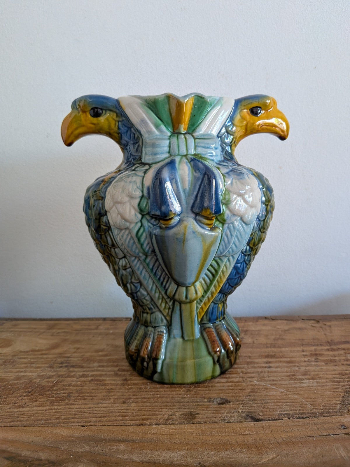 Vtg Mid Century Majolica Style Italian French Double Eagle Head Earthenware Vase