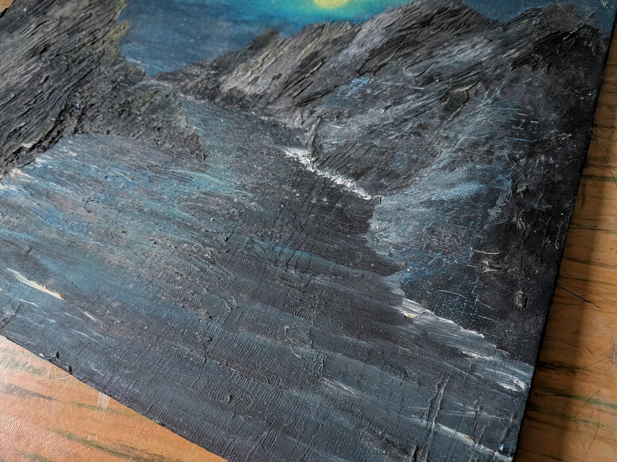 Vtg Painting Oil On Board Picture Landscape Seascape Moonlight Sea Shore Rocks 