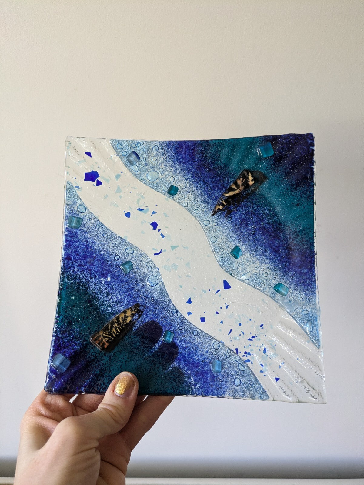 Ribbed fused glass Nautical plate Art Glass Blue Abstract  Square Water River