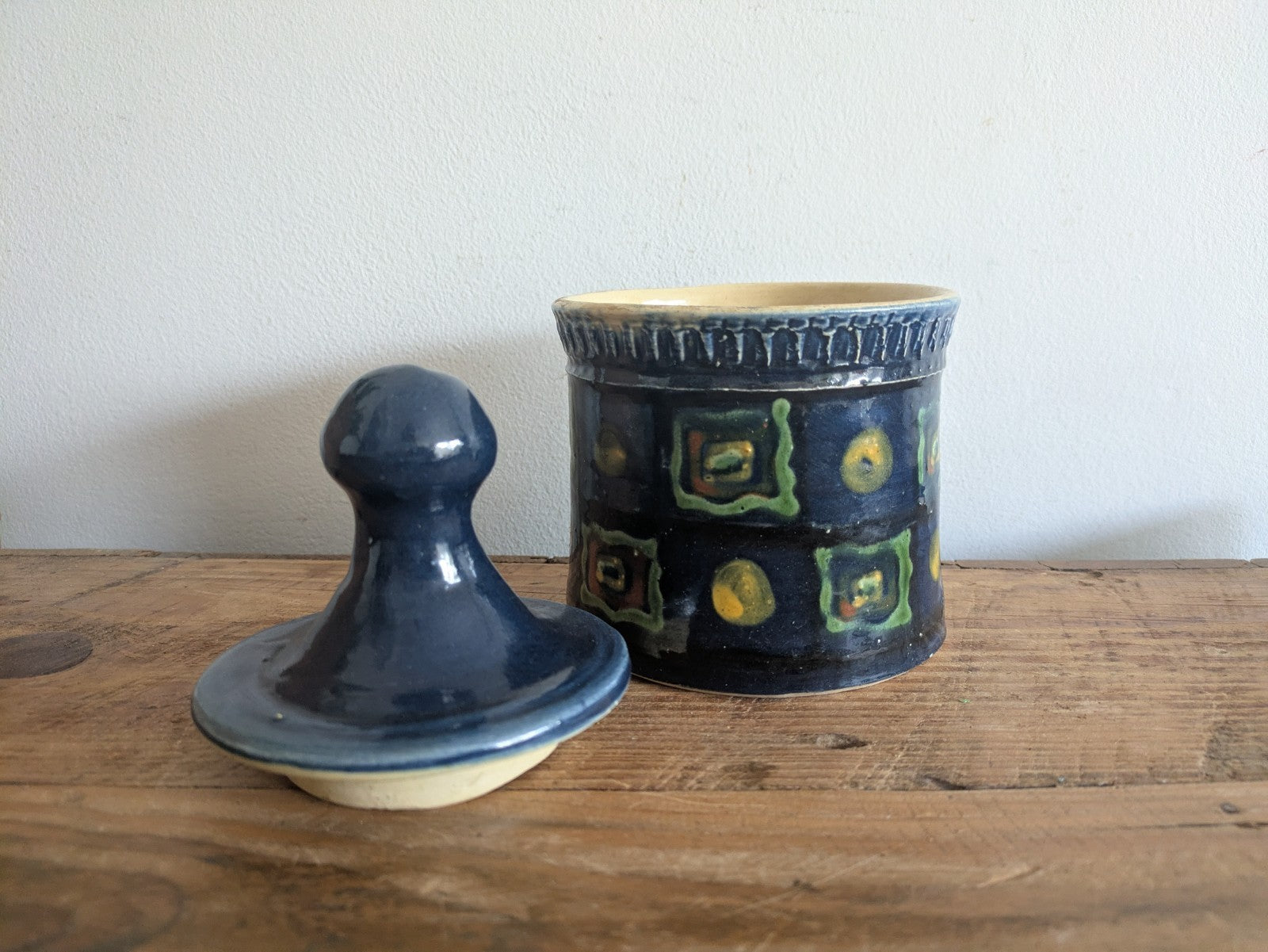 French Saint Jorioz La Poterie d'Annecy Hand Painted Butter Dish Pot Blue Lidded