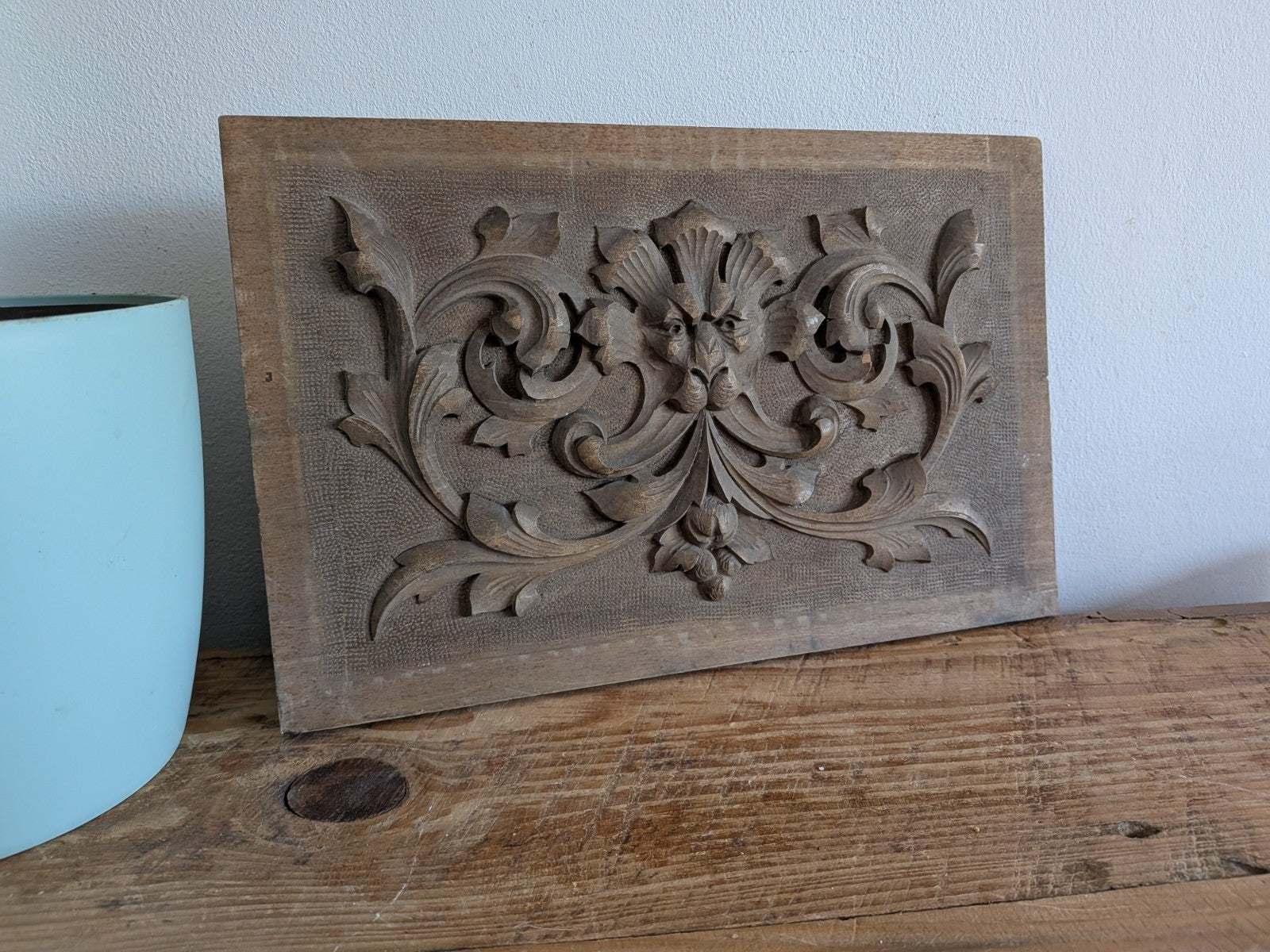 Antique Carved Wooden Panel Plaque Old Wood Victorian Green Man Head Face Scroll