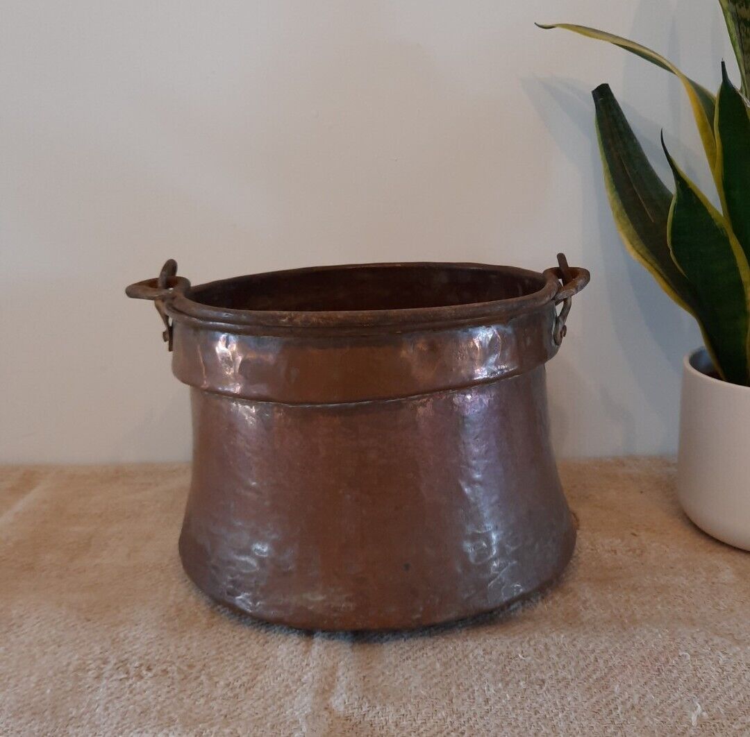 Antique 19th C Copper Kettle Cauldron Planter Pot French 1800s Handmade hammered