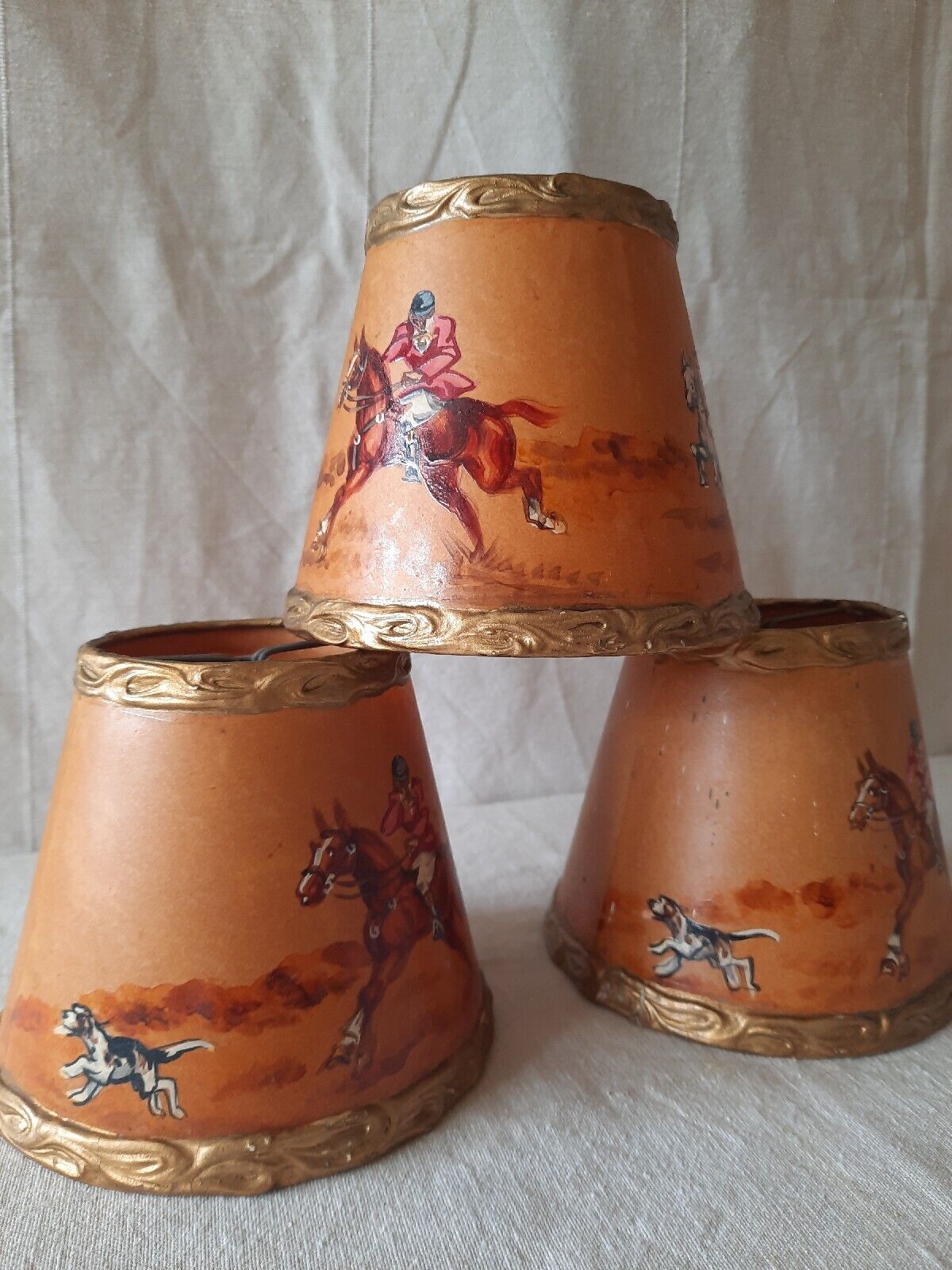 3x Rare Vintage 1950s Clip-on Lamp Shade Hand Painted Hunting English Dog Horse