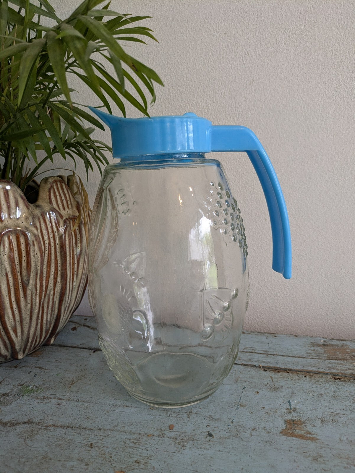Vintage Glass Juice Jug 80s 70s Blue Plastic Handle Retro Kitsch Breakfast Fruit