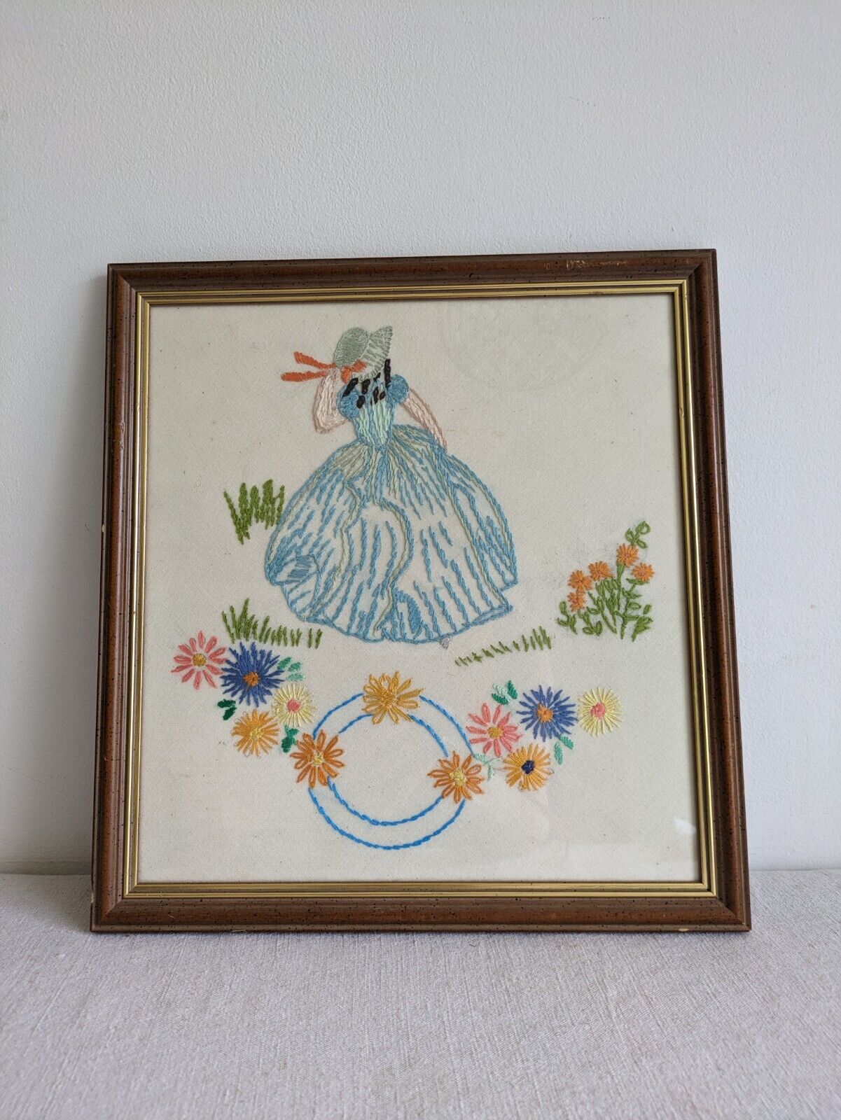 vintage framed picture embroidery crinoline Lady Antique Frame Gilt 30s 40s Vgc