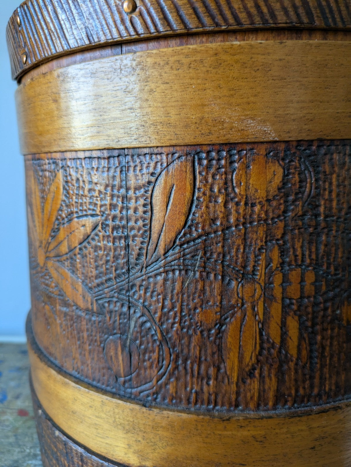 Antique Vtg Sugar Firkin Bucket w. Lid & Handle Pantry Carved Design Primitive
