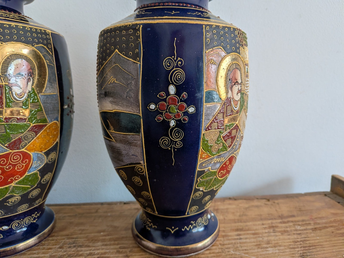 Pair Antique Early 1900s Satsuma Moriage Oriental Vase / Made in Japan Blue Vgc