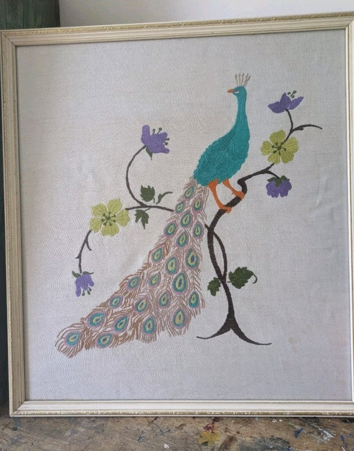 MID CENTURY FRAMED EMBROIDERY PEACOCK ON TREE BRANCH FLOWER LARGE VINTAGE RETRO