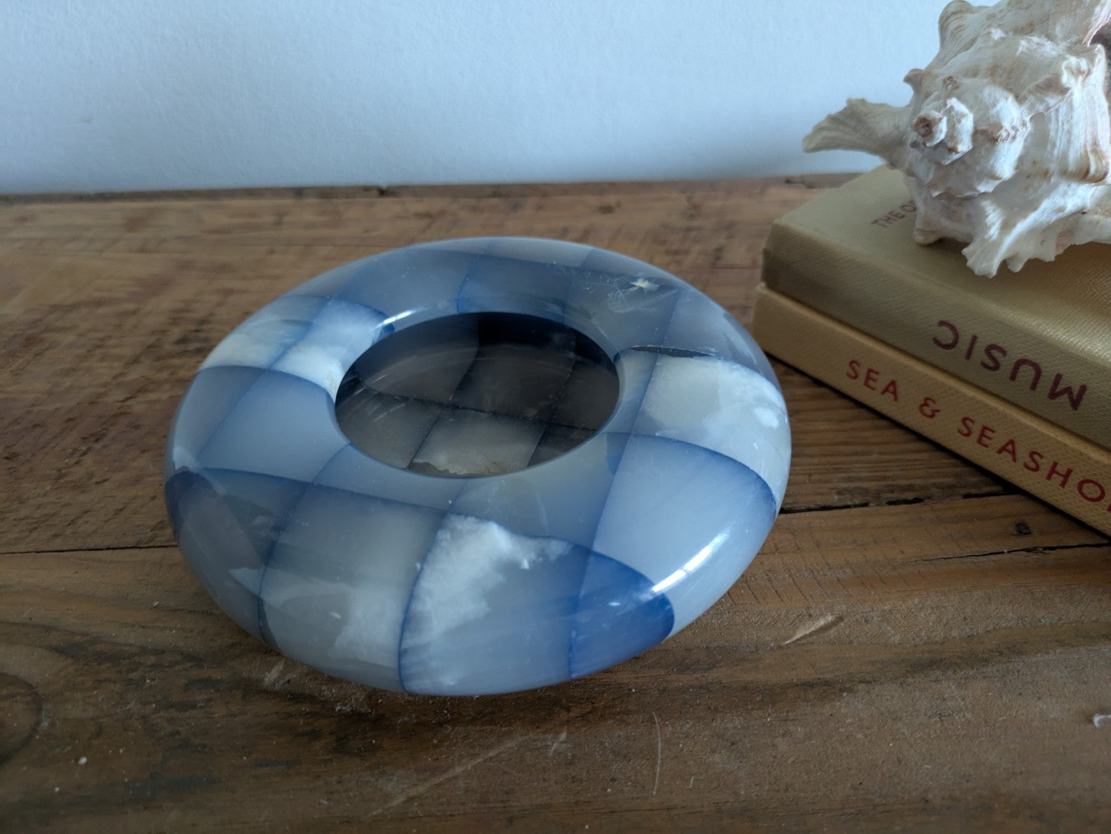 Vintage Round Italian Onyx Ashtray Natural Stone Marble Checkerboard Blue 60-70s