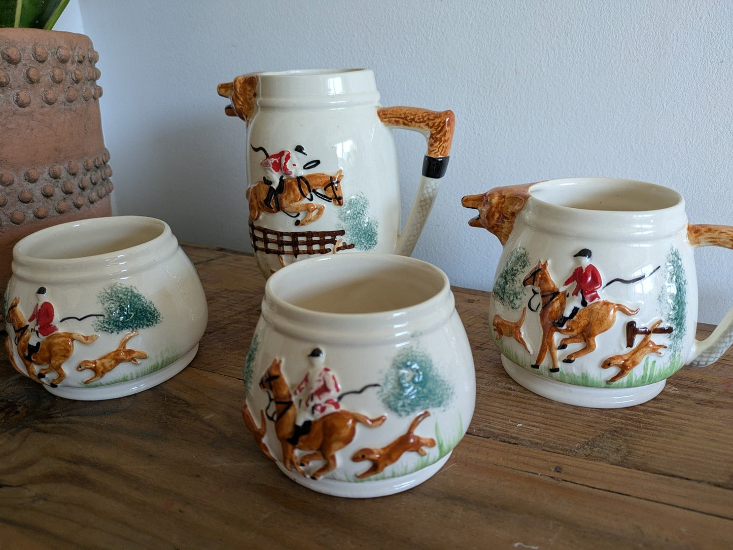 1940s Portland Pottery Cobridge PPC Staffordsre Fox Hunting 4 Piece Tea Set Jug 