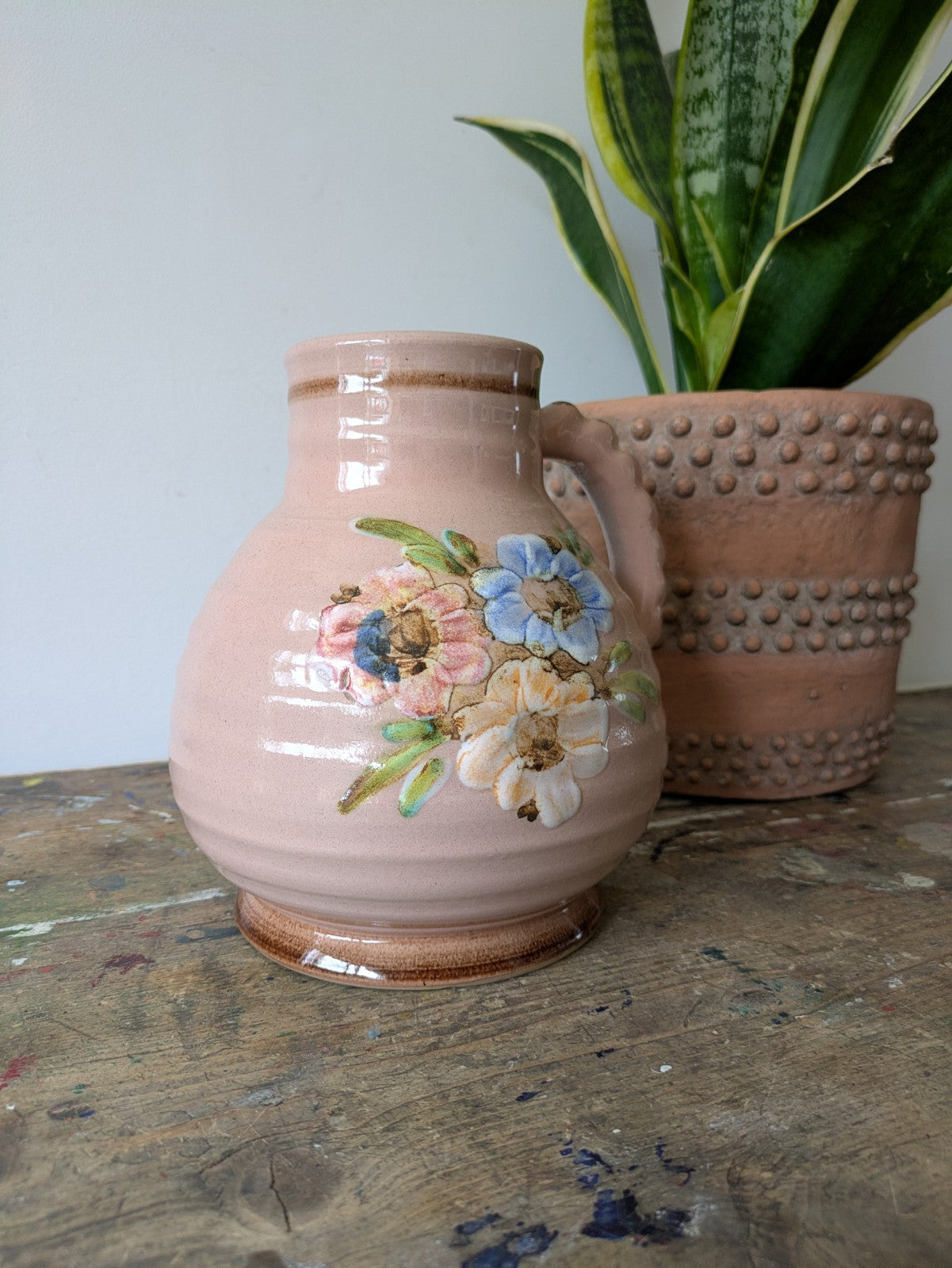 Beautiful vintage Bourne Denby stoneware floral jug/vase Pink Dogwood Ribbed Vgc