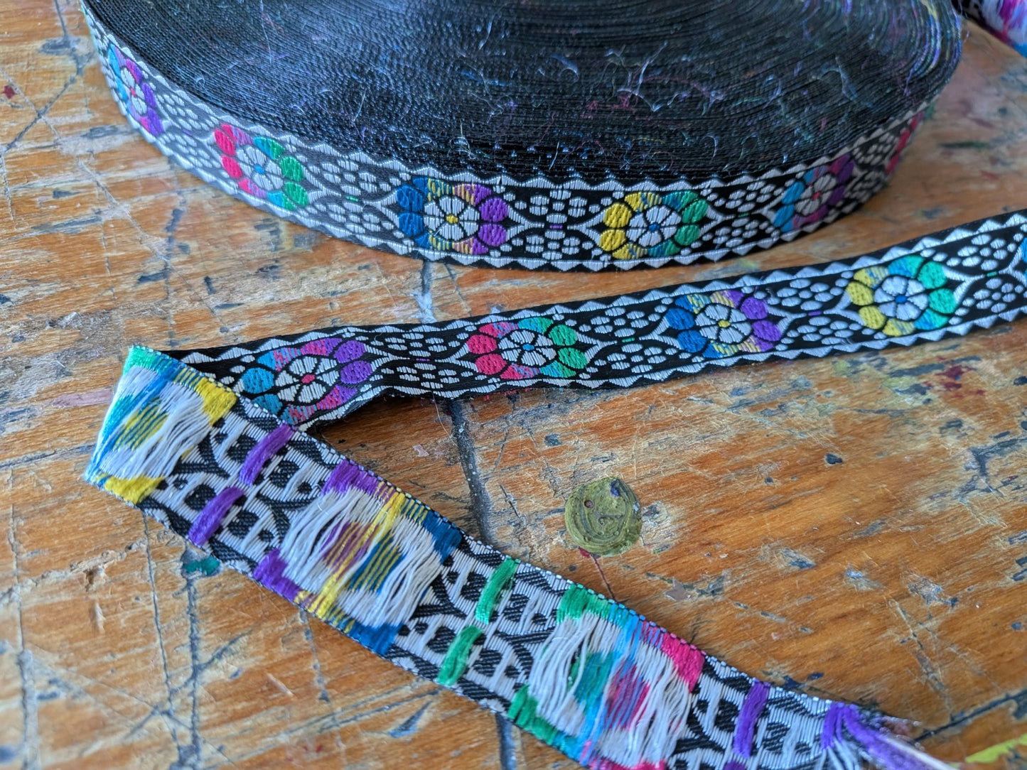 Jacquard Ribbon Black Dotty Roll Patterned Floral Multicoloured Black Trim Craft