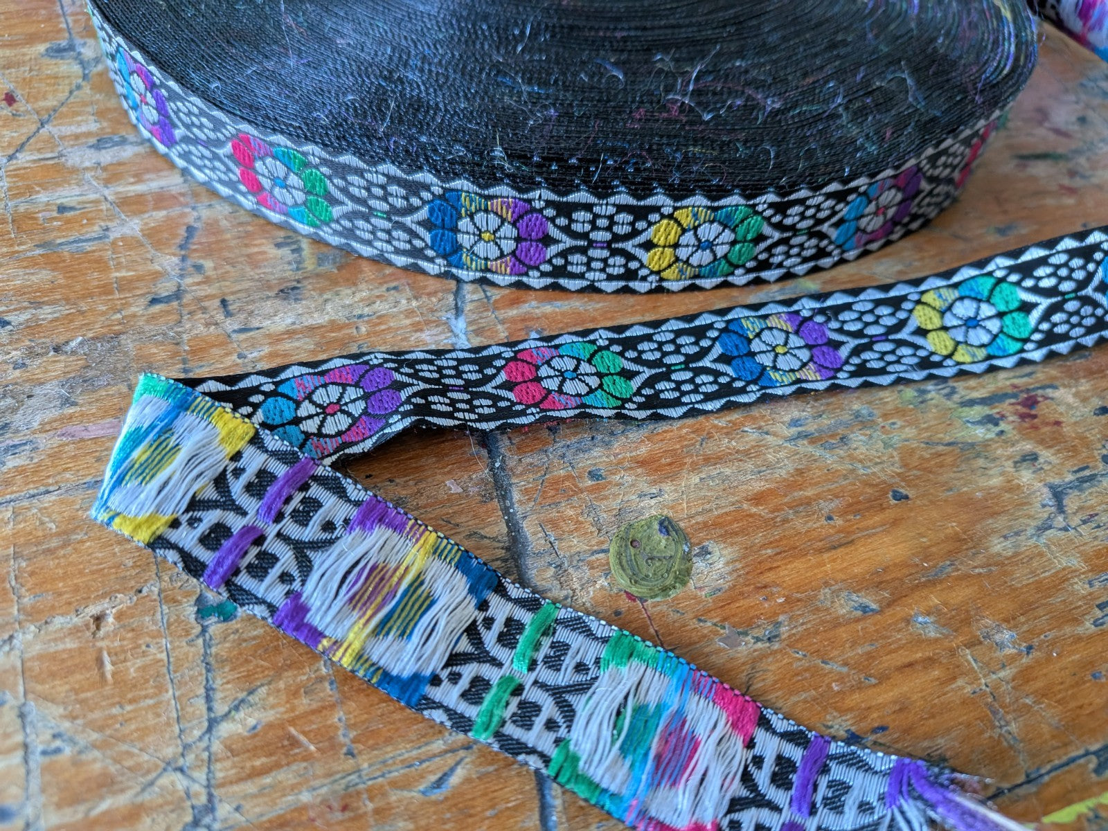 Jacquard Ribbon Black Dotty Roll Patterned Floral Multicoloured Black Trim Craft