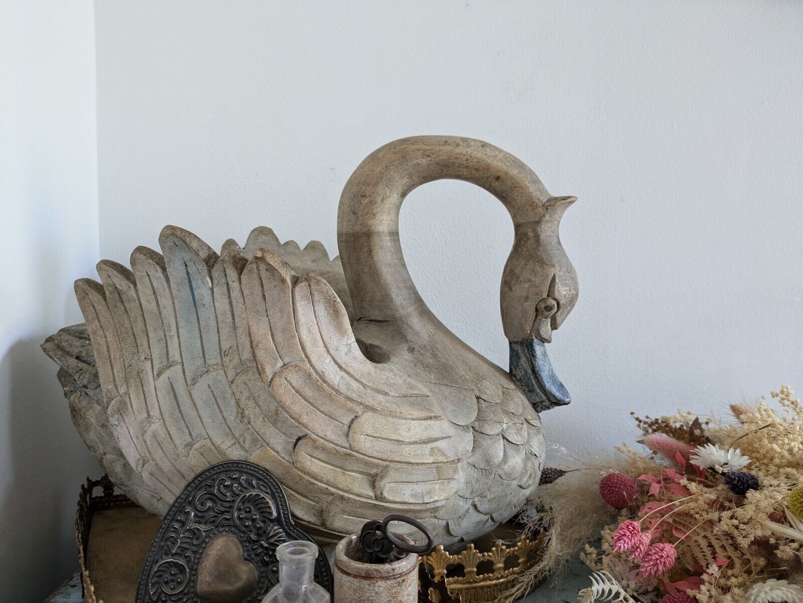 Carved Wood Swan Decoy Vintage Large Painted Solid Wood Planter Decor Time Worn
