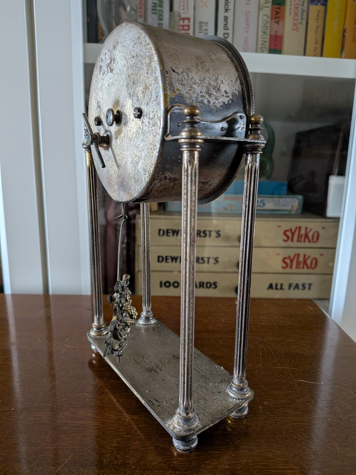 Antique French Portico Drumhead Mantel Clock Pendulum Silver-Plated VTG Art Deco