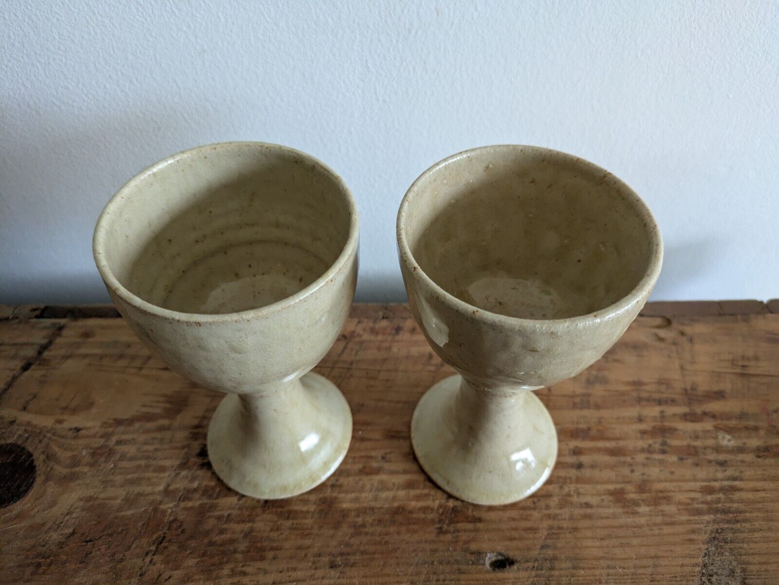 2x Vintage England Speckled Pottery Goblet Cup Mid Century Pair Set Wine Vessels