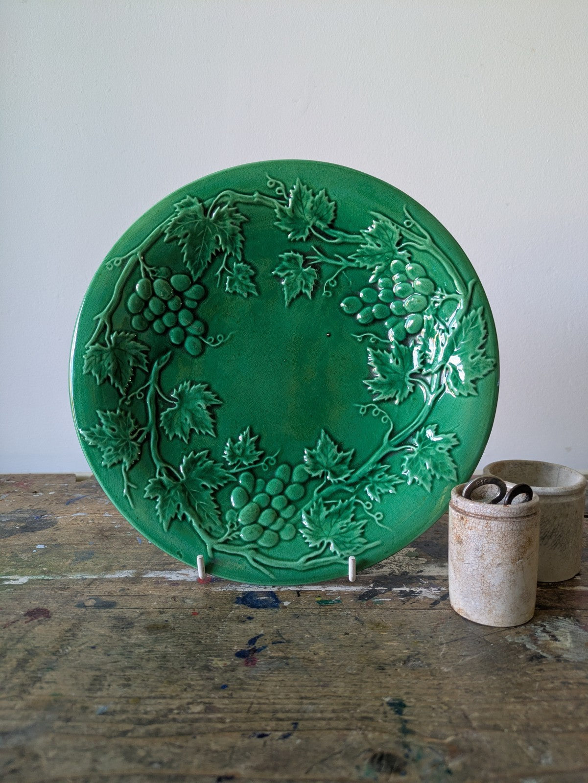 Antique Victorian Green Majolica Grape Vine Plate Leaf Fruit Vintage Cabbage Old