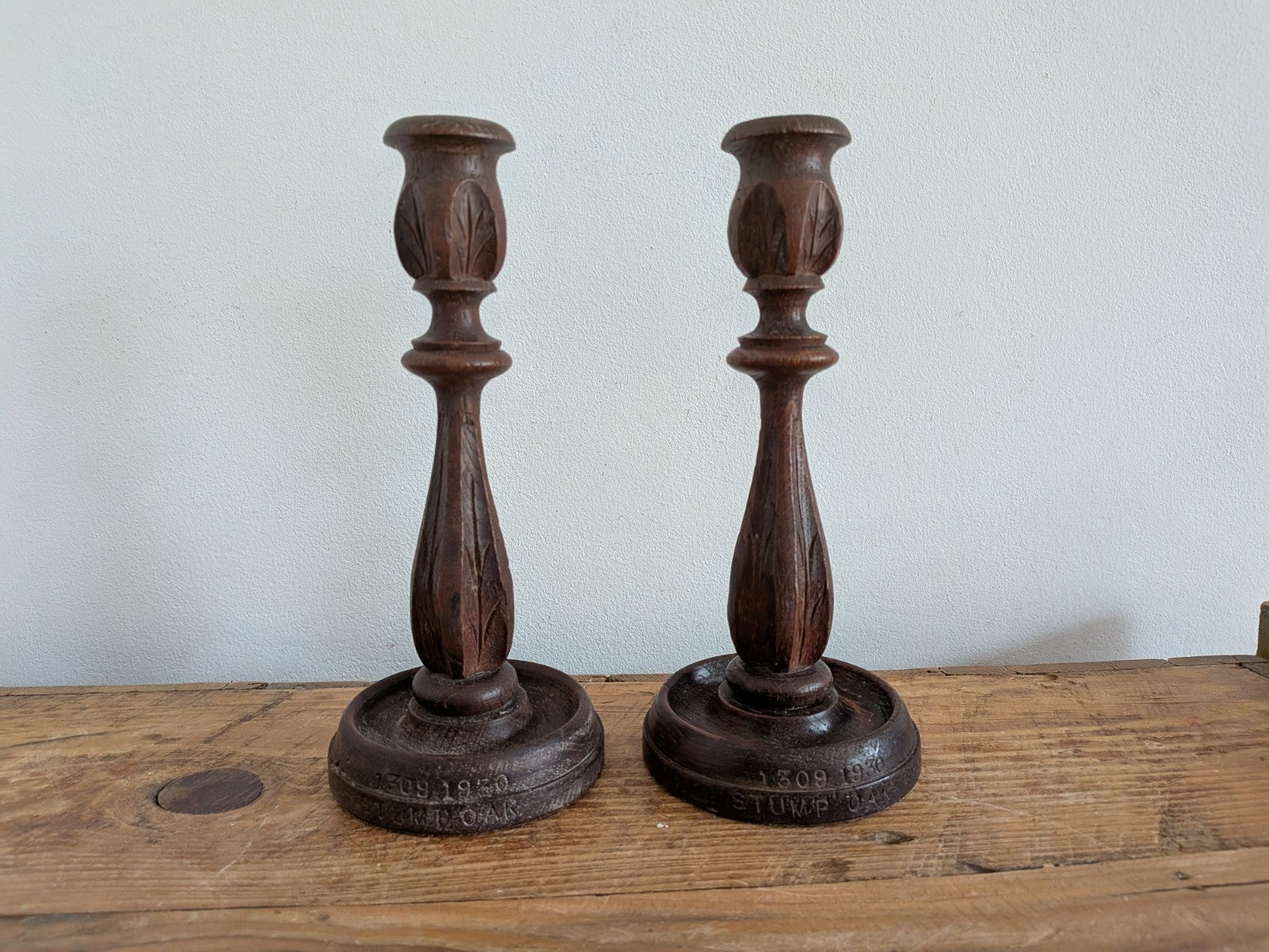 Vintage Antique Stump Oak Candlestick Holders Pair Hand Carved Candle 1930s Deco