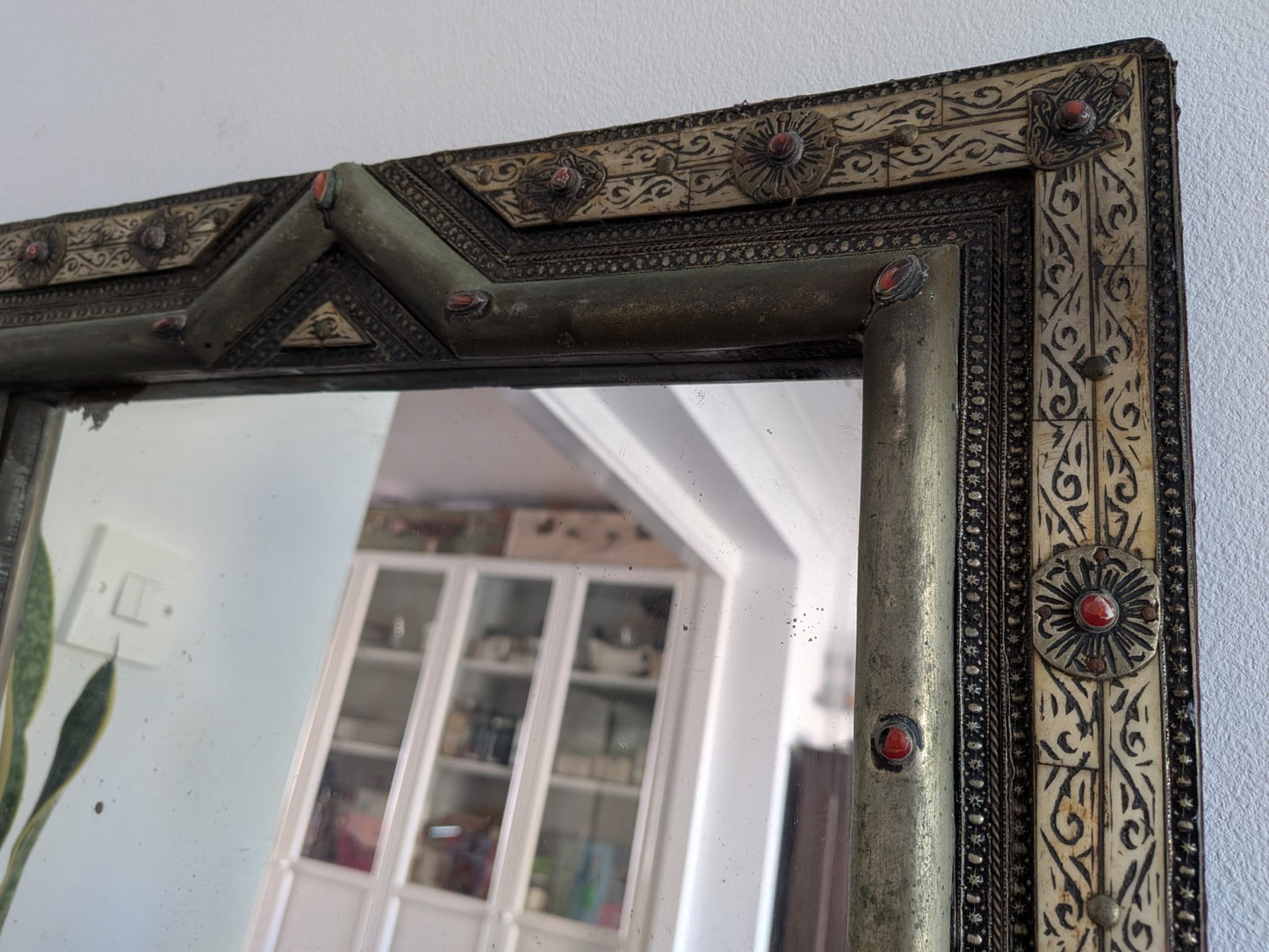 Vintage Ancient Handmade Moroccan Wall Mirror Brass Bone Camel Inlaid Mosaic XL 