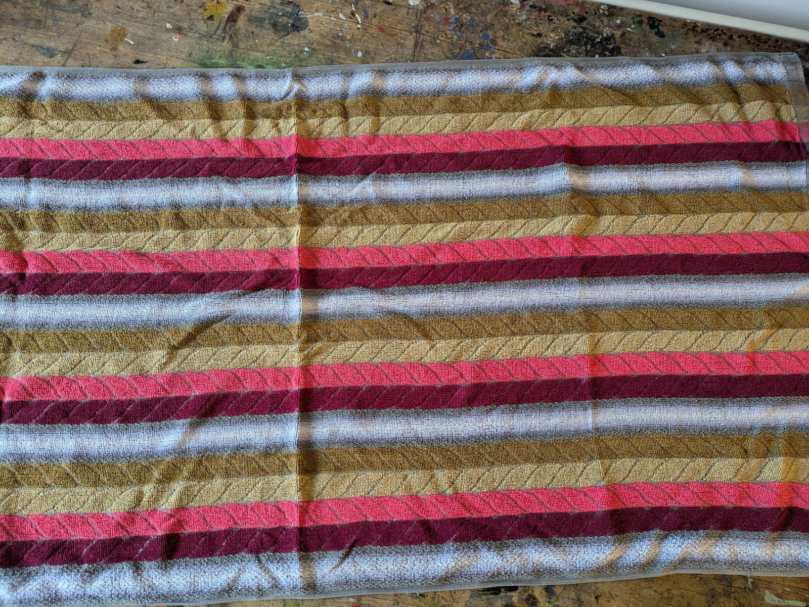 1 Vintage Towel Stripe Grey Red Retro Hand bathroom prop Midcentury Cotton Old