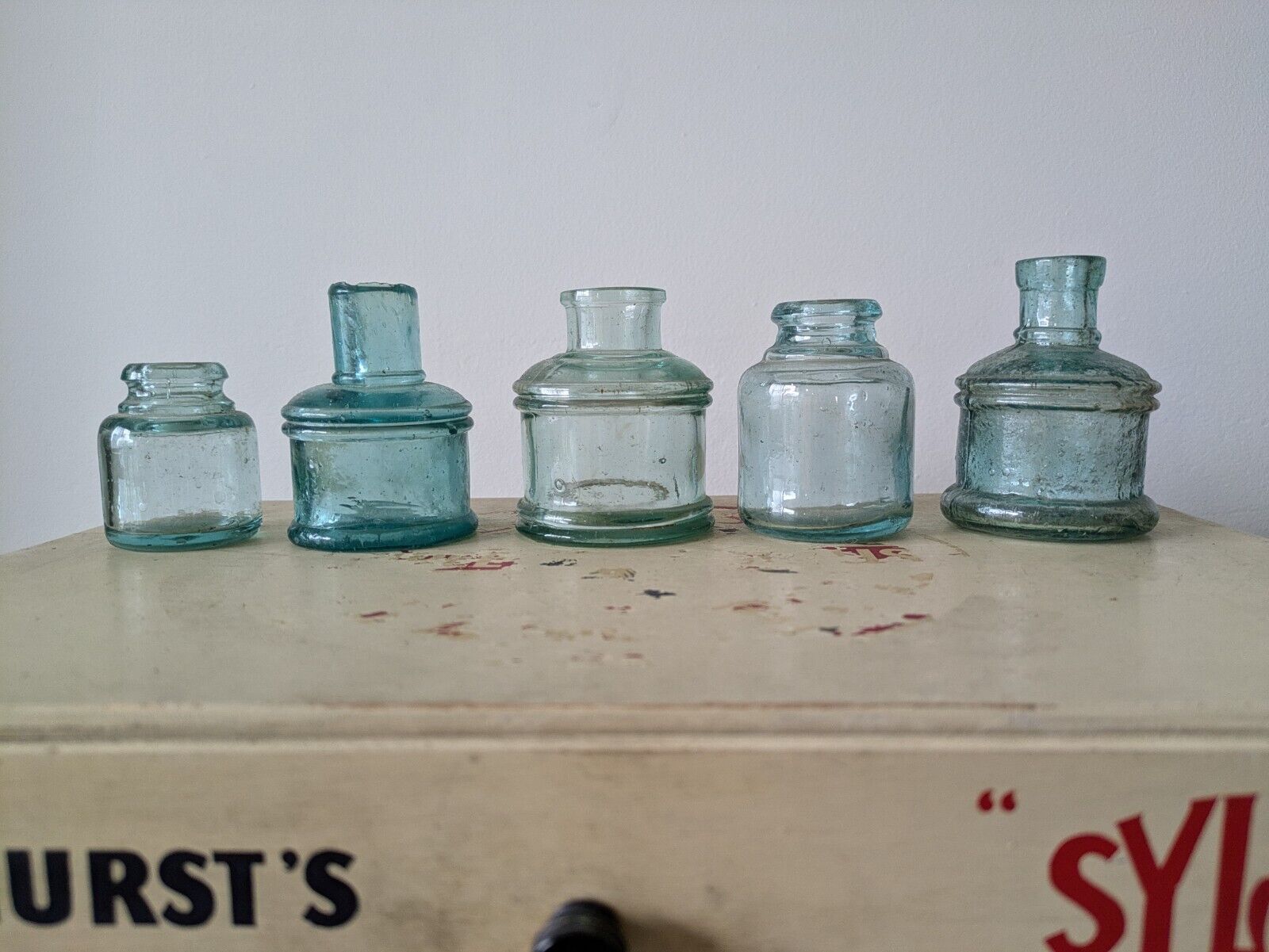 5x Antique Vintage Glass Bottles vase flower original apothecary ink old Prop