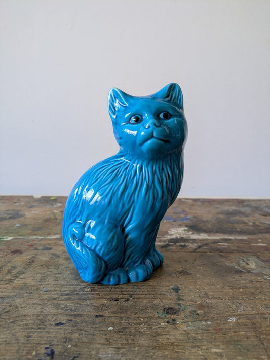 Blue Cat Ceramic Porcelain Vintage marked 257 16.5cm H Retro Kitsch Figurine Vgc