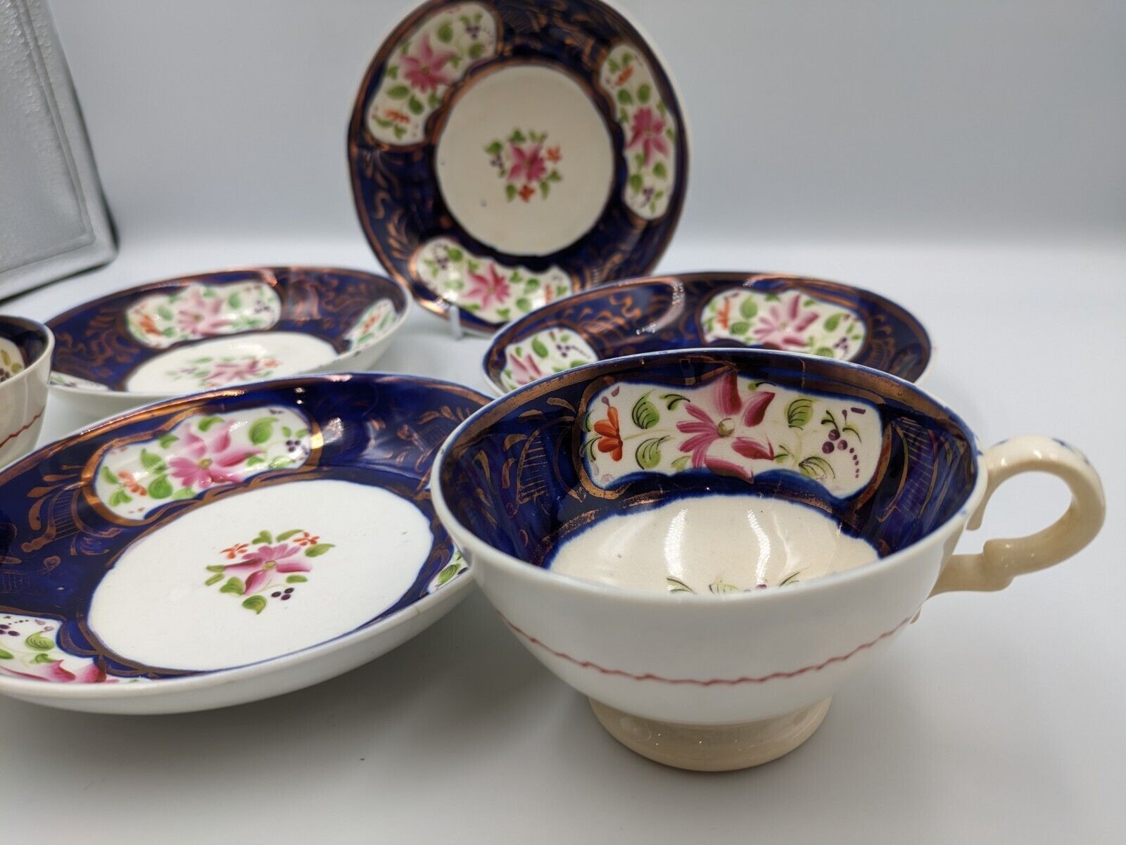 ANTIQUE Mid 1800’s ENGLISH GAUDY WELSH TEA CUPS SAUCERS DUOS COBALT BLUE COPPER 