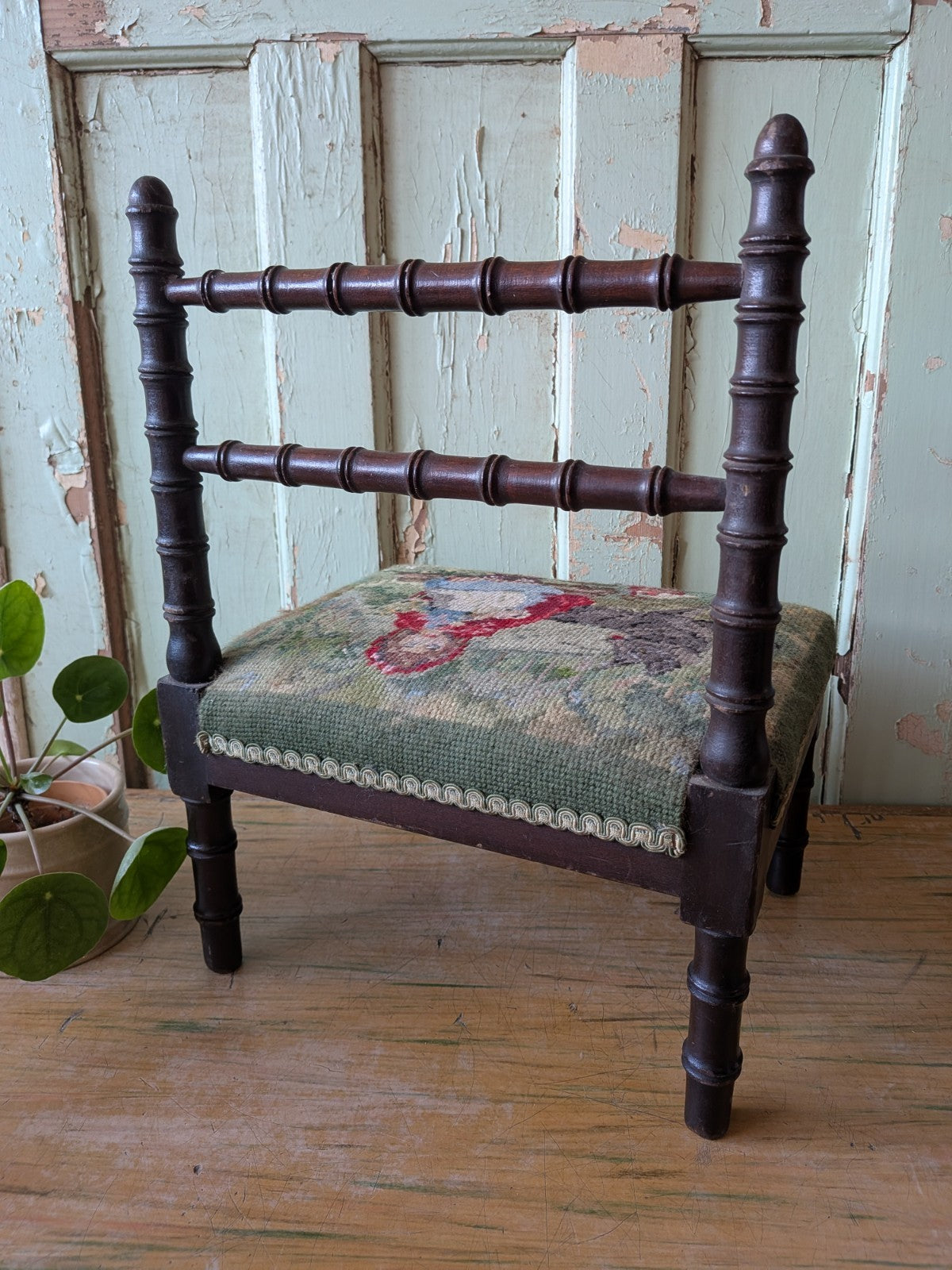Antique Bobbin Faux Bamboo Childs Chair Apprentice Tapestry Seat Red Riding Hood