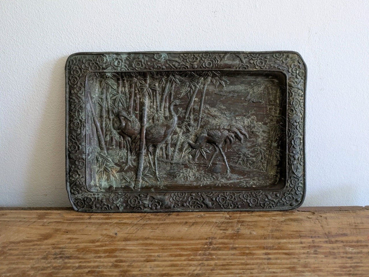 Early 20th Century Oriental Bronze Shallow Dish Heron Cranes Bamboo Tray Plaque