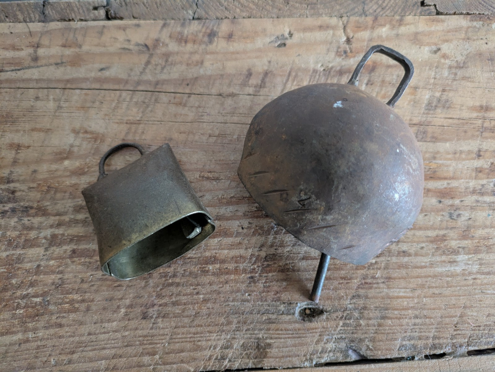 2x Antique Cow Cattle Metal Bell Vintage Cast Iron Far East Old Ringer Primitive