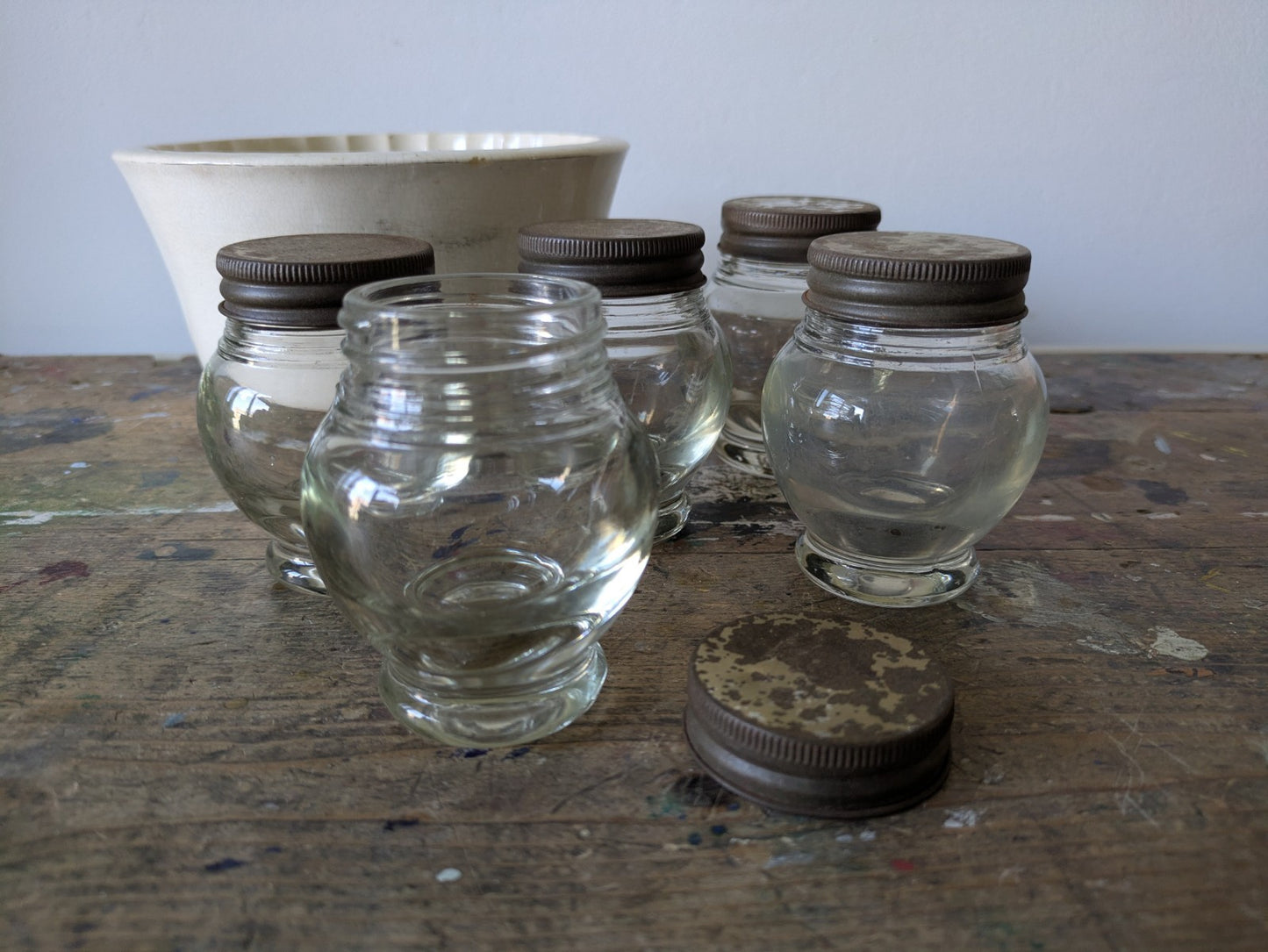 5x Rare Antique Bulb Thick Glass Round Shaped Bakers Cabinet Spice Jars Set VTG