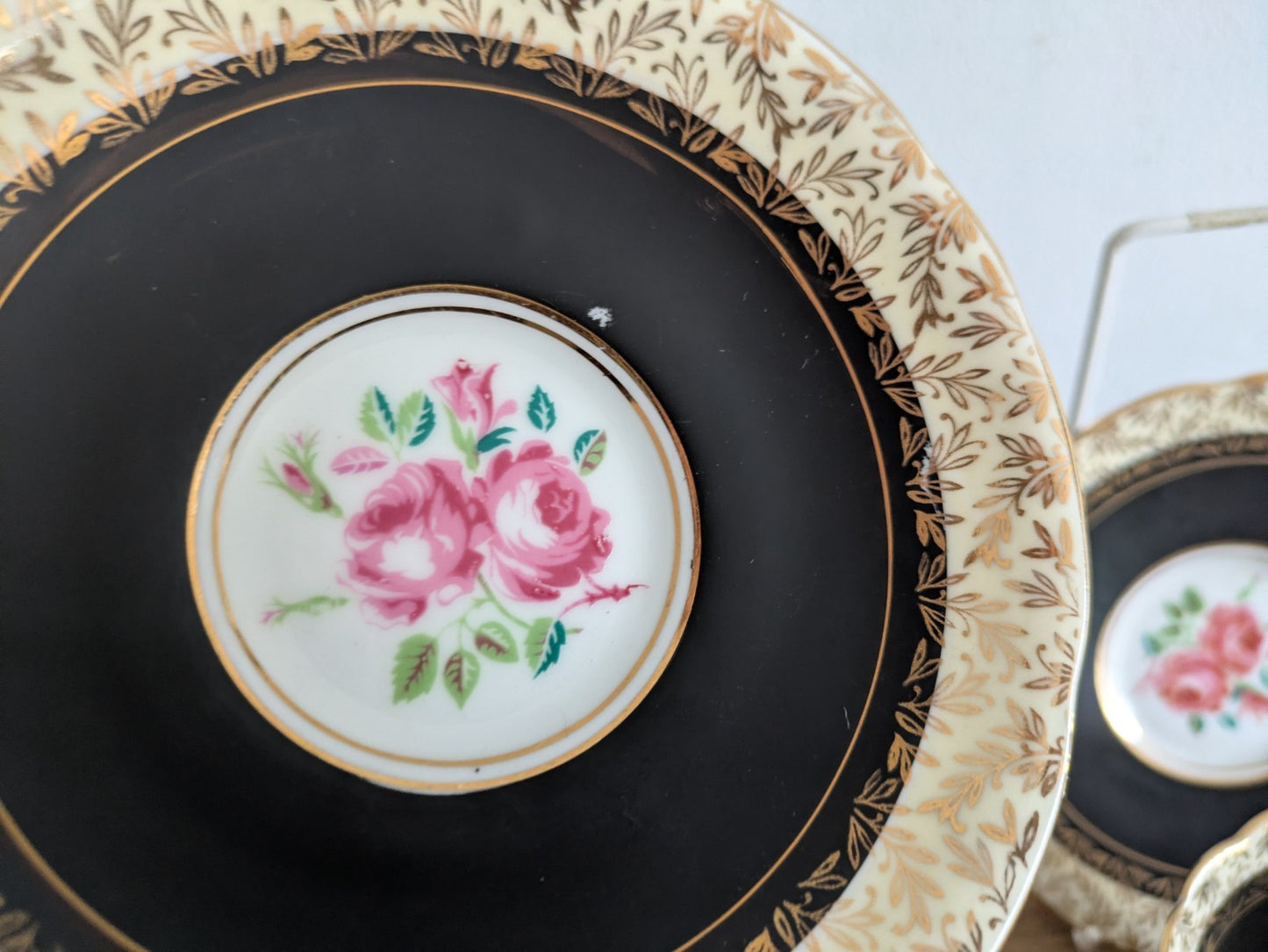 Pair Duos Vintage Royal Stafford Pink Black Gilt Cabbage Rose Cup and Saucer x2