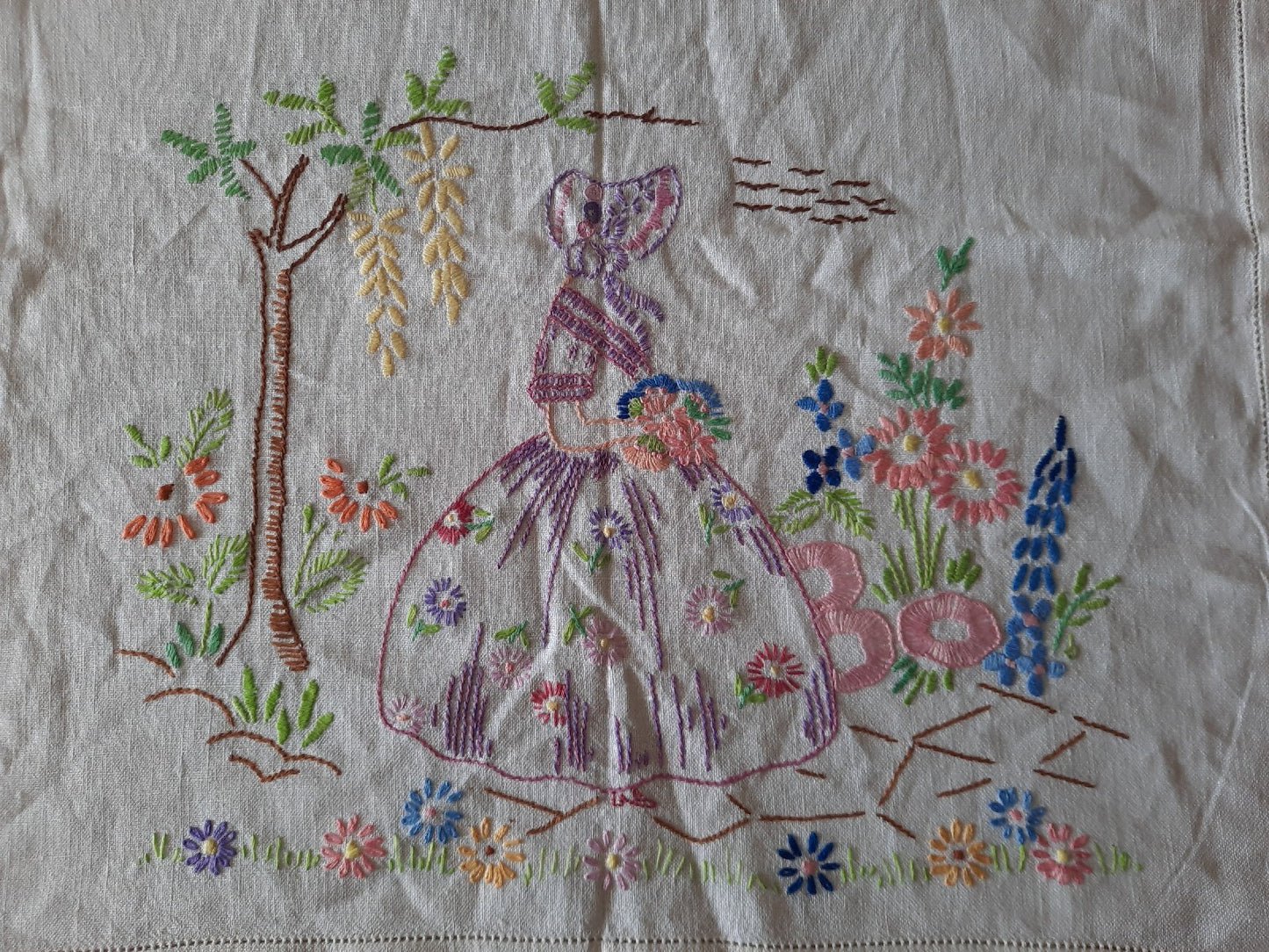 Job lot vtg embroidered retro table cloth cotton floral mats crinoline lady old
