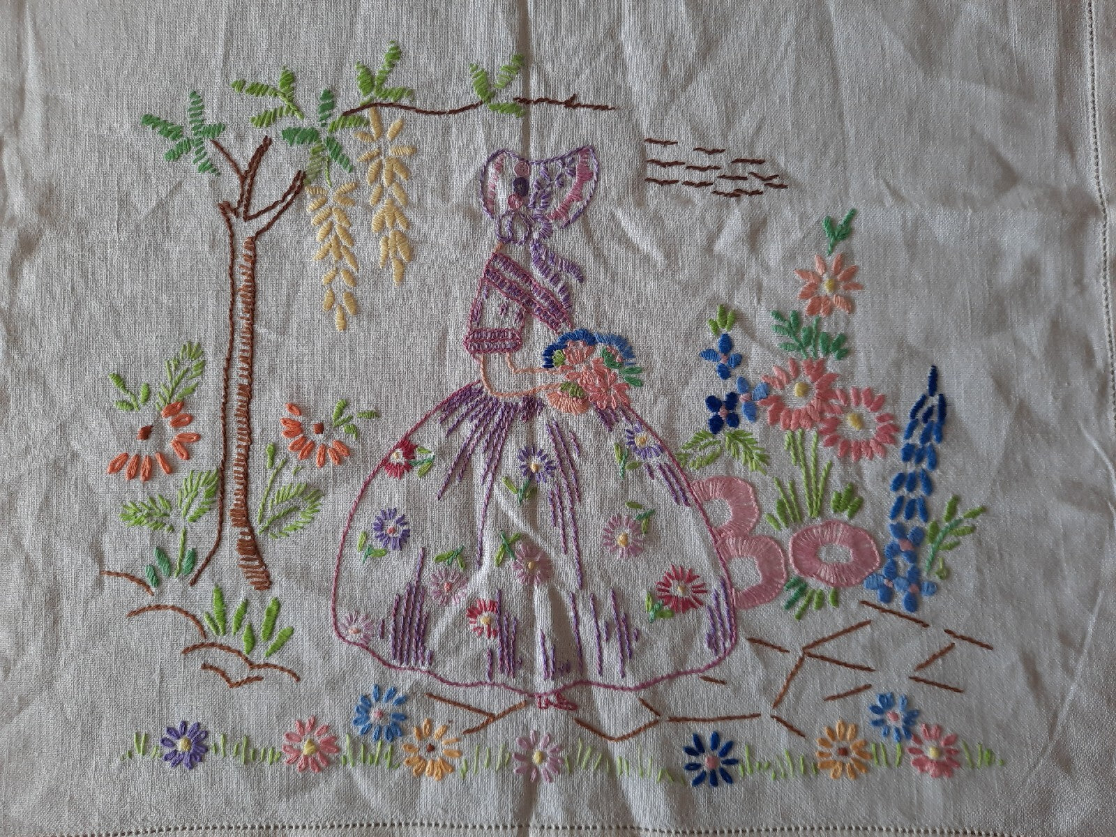 Job lot vtg embroidered retro table cloth cotton floral mats crinoline lady old