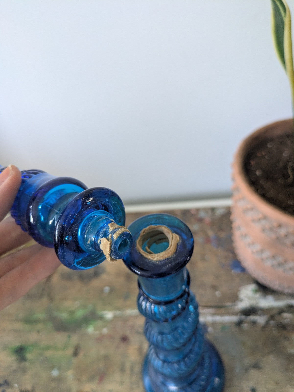 Vintage Genie Decanter Blue Spiral Glass French 1960s Depose Bottle 70s Stopper