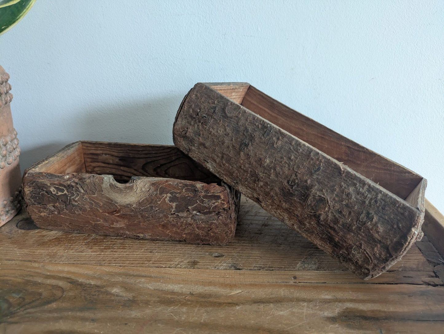 Pair Of Reclaimed Rustic Wood Handmade Box Planter Centerpiece Log Farmhouse Vgc