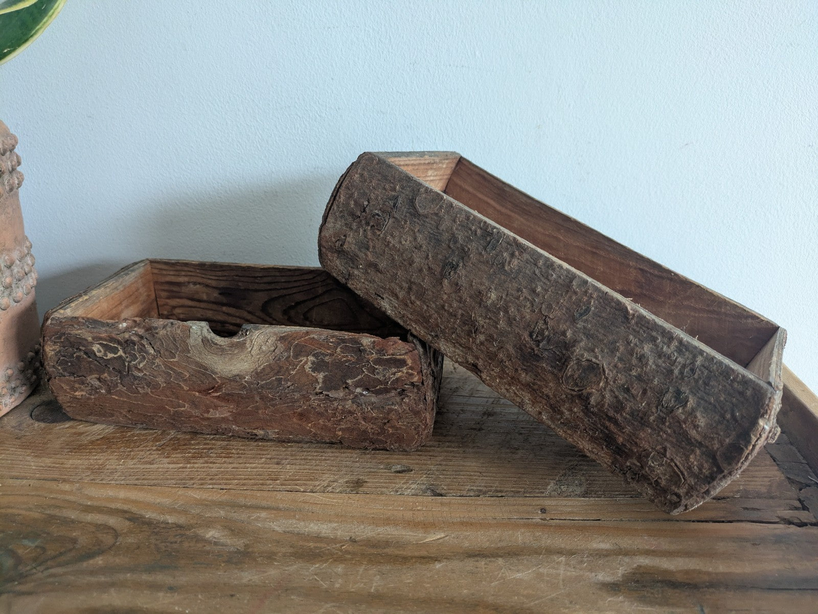Pair Of Reclaimed Rustic Wood Handmade Box Planter Centerpiece Log Farmhouse Vgc
