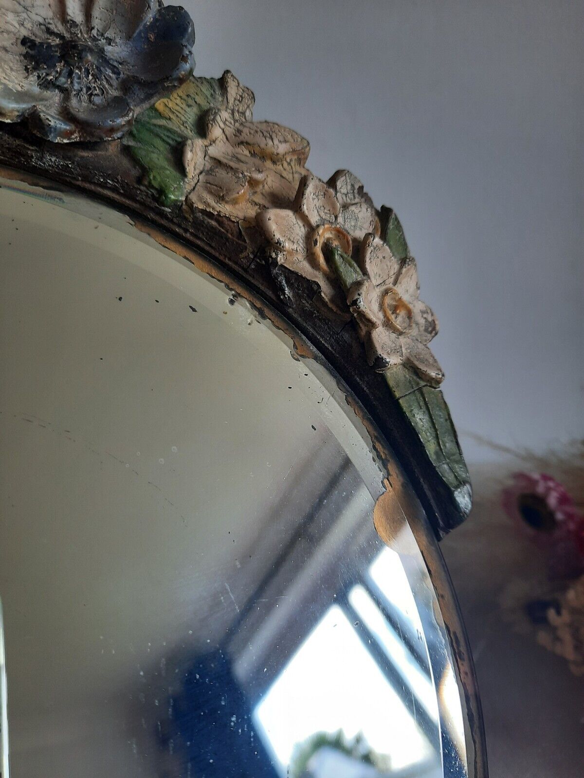 Vintage Barbola Mirror Circa 20s 1930s art deco floral antique Round bevel edge