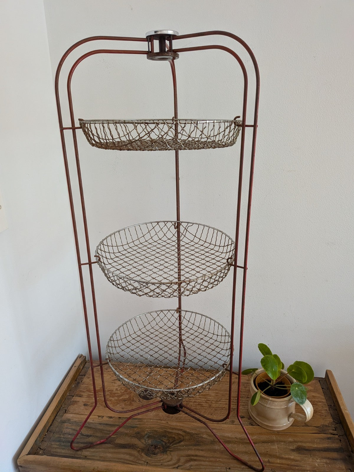 Vintage Retro Metal 3 Tier Vegetable Rack Storage Fruit Fold Baskets Kitchen Red
