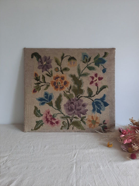 Large Vintage Antique Floral Tapestry Embroidery Cross Stitch Cottagecore Pictur