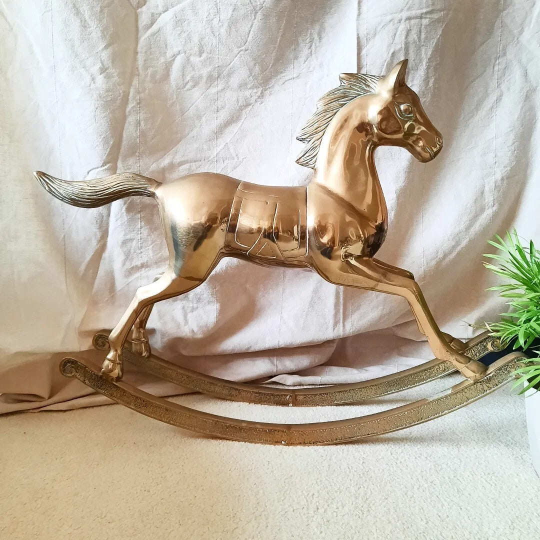 Large Solid Heavy Brass Rocking Horse Ornament 21"H equestrian decor antique old