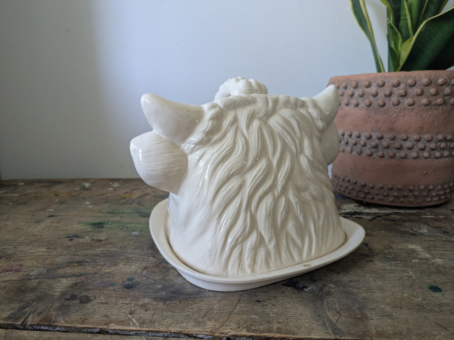 Rare Bull Head Cheese Dish Cloche With Plate Vintage Antique Cream Ceramic Old 