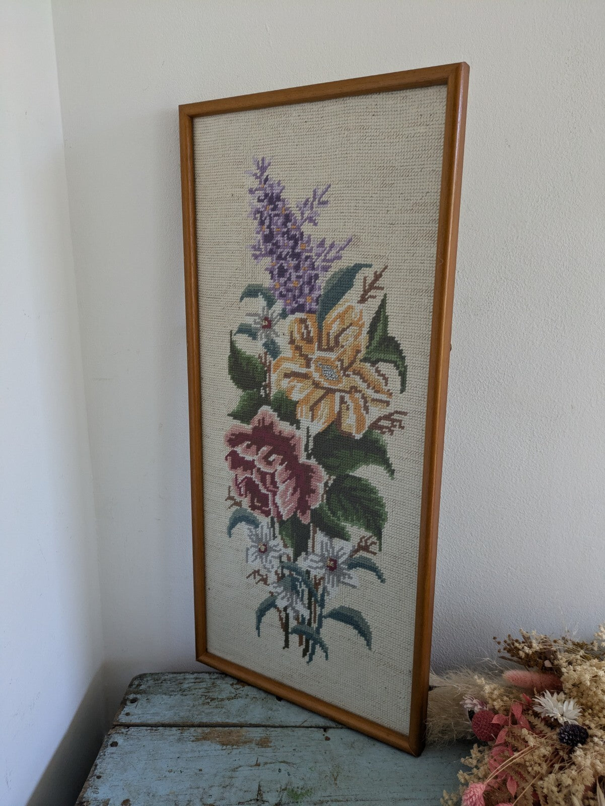 Framed Rose Tapestry Picture Floral Display Vintage Flowers Needlepoint Kitsch!!