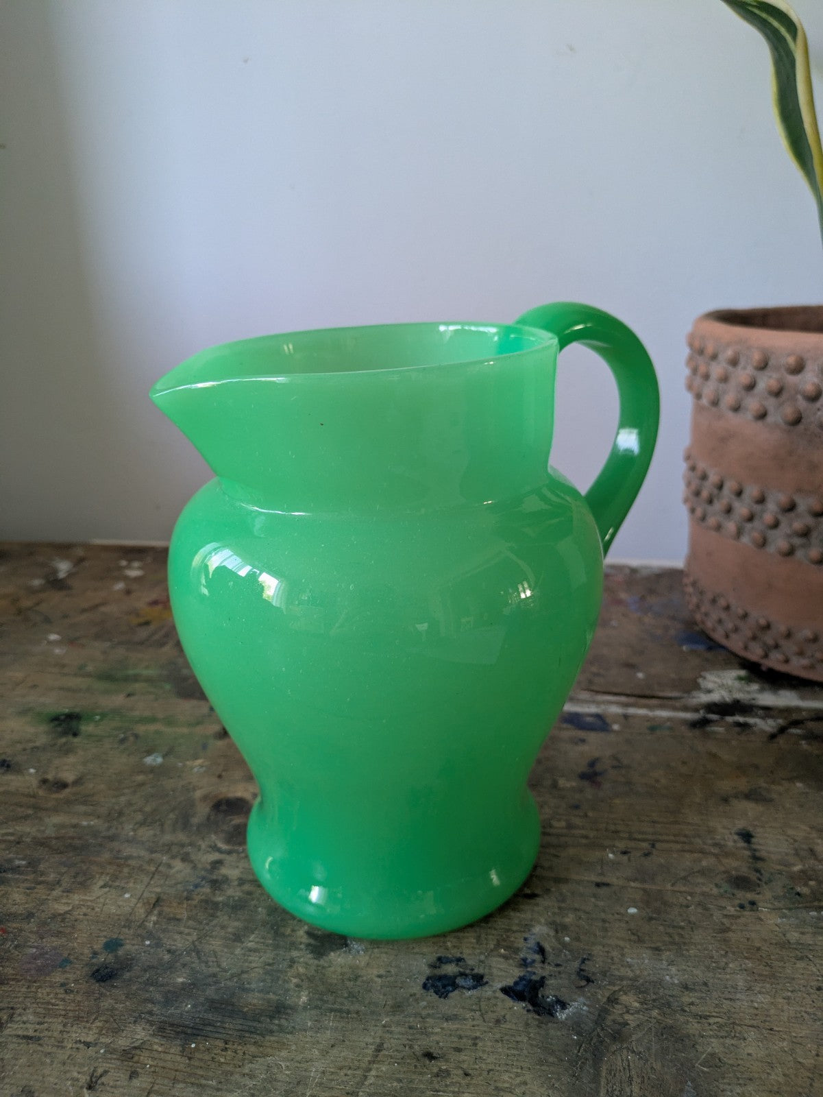 Antique Green Uranium Glass Water Jug Pitcher Jade Jadeite Art Deco Opaque Large
